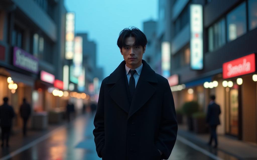 A stylish man wearing a Kaiyo coat in a modern Tokyo cityscape at dusk.